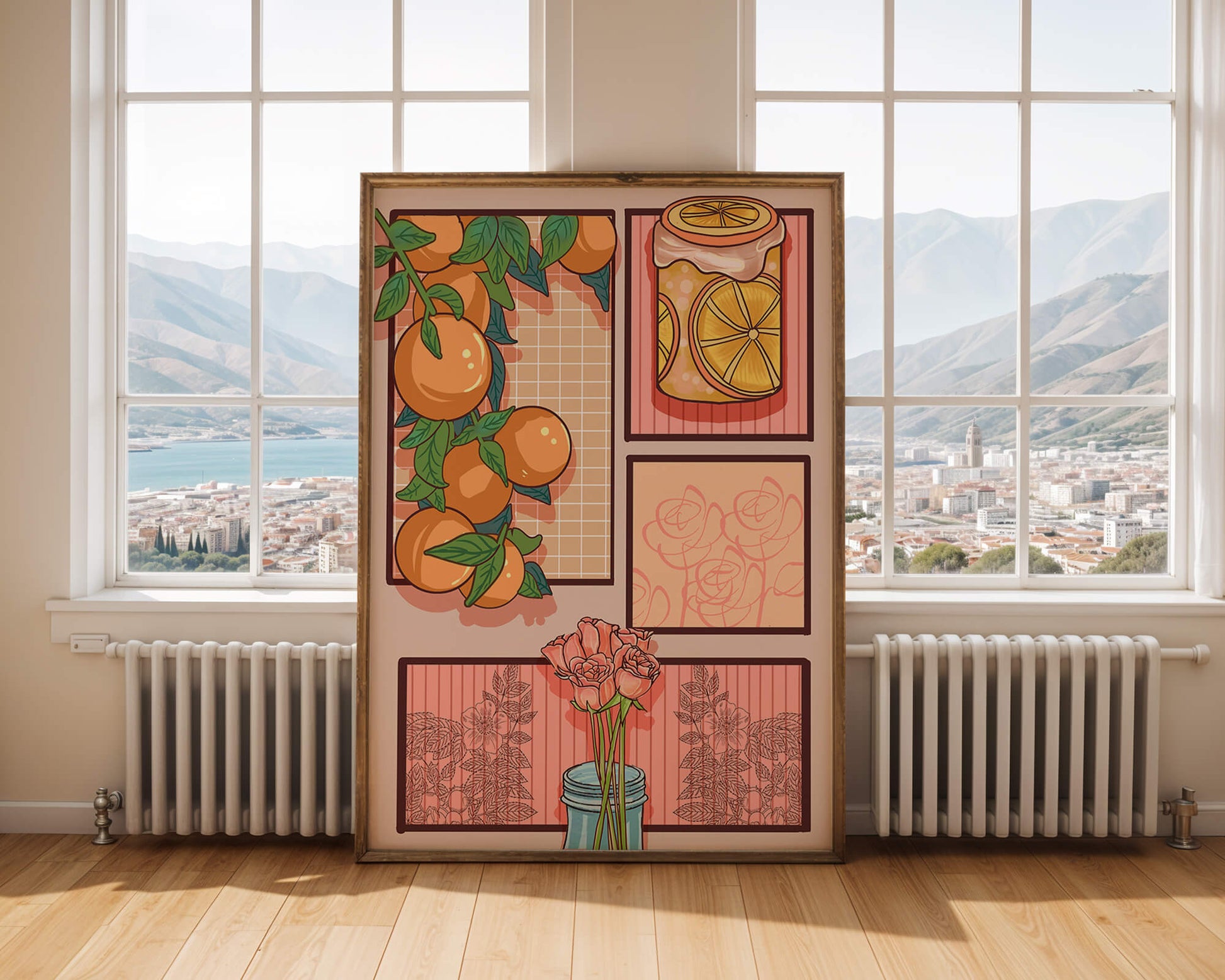 Composición artística con naranjas, frasco de rodajas de limón y rosas sobre fondo geométrico