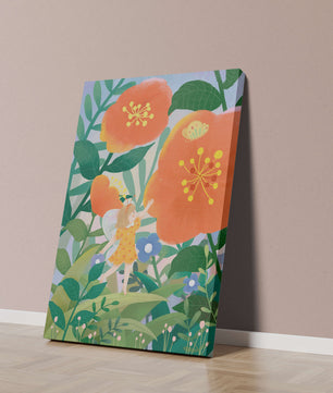 Whimsical illustration of a fairy child in a vibrant floral landscape