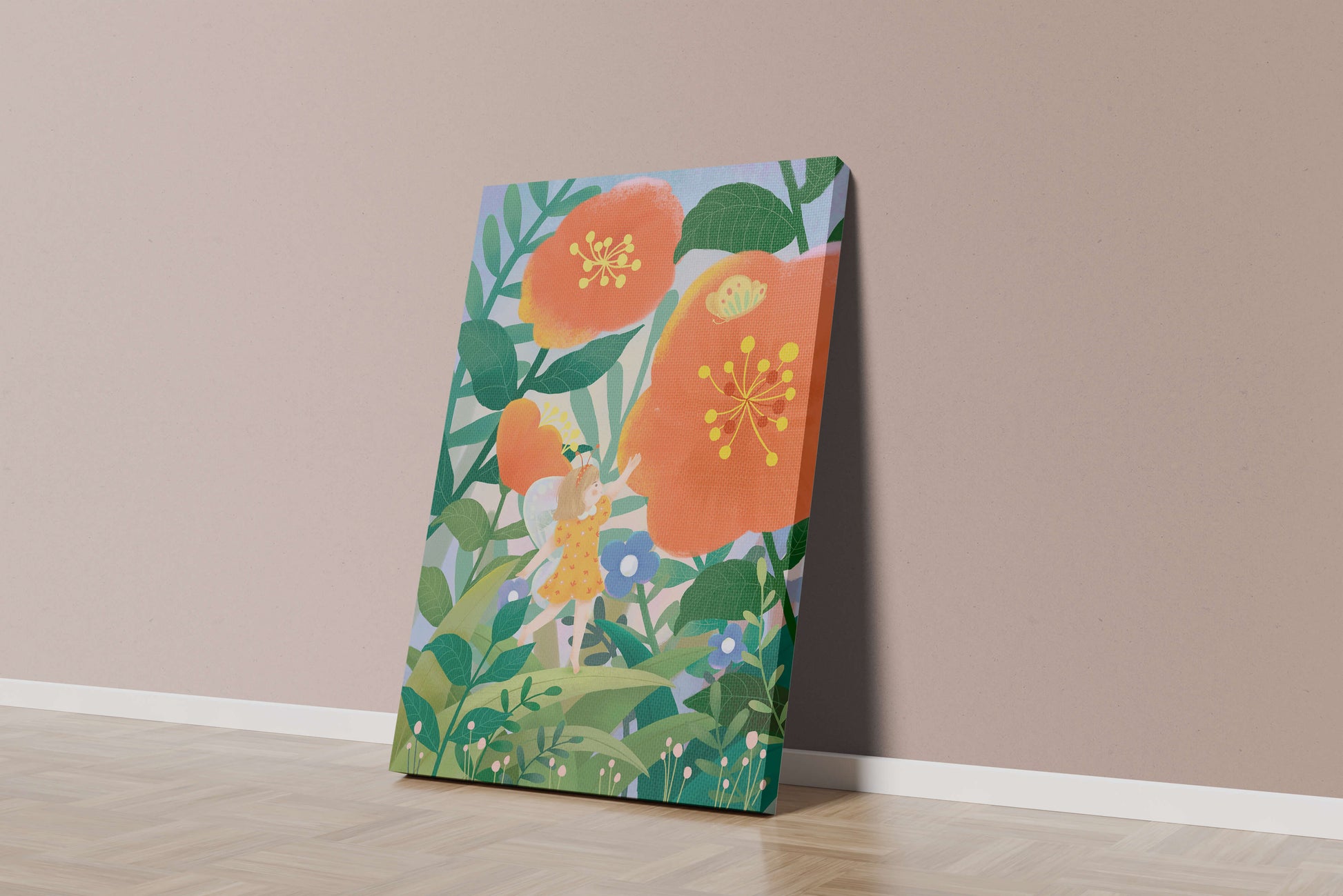 Whimsical illustration of a fairy child in a vibrant floral landscape