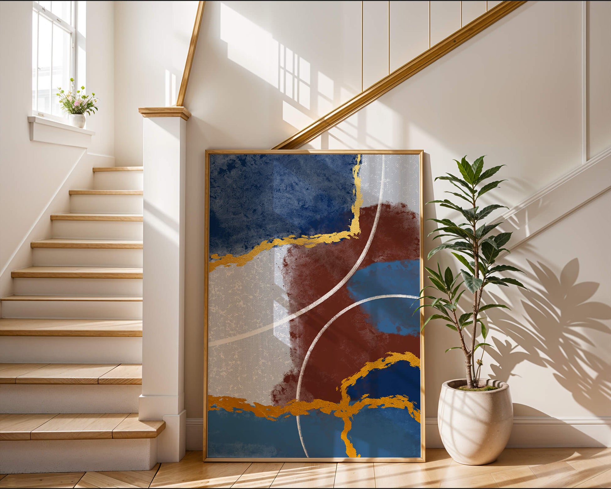 Abstract painting with gold accents and geometric elements