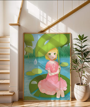 Whimsical Illustration of a Young Girl in a Pink Dress Sitting on a Lily Pad