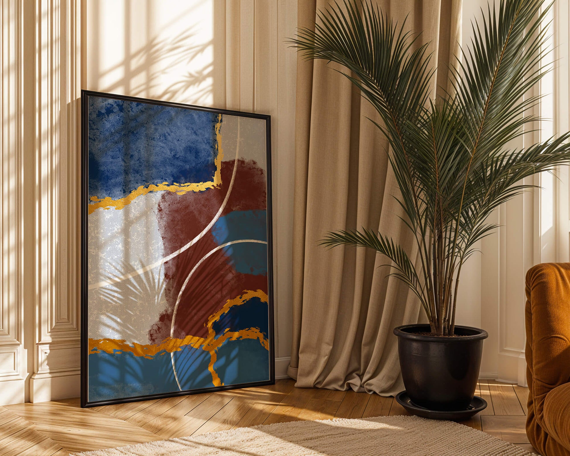 Abstract painting with gold accents and geometric elements