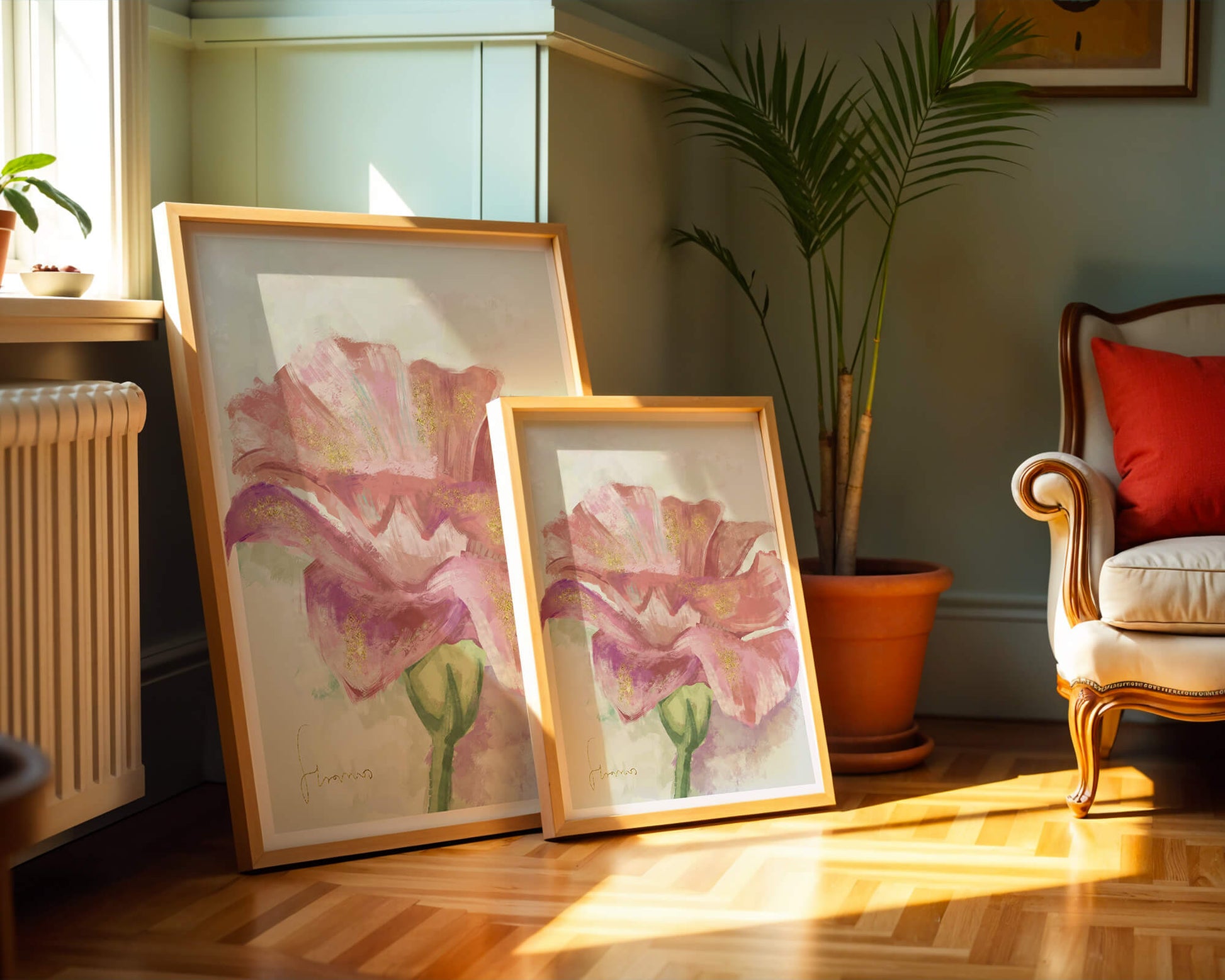 Beautiful pink flower painting with golden accents
