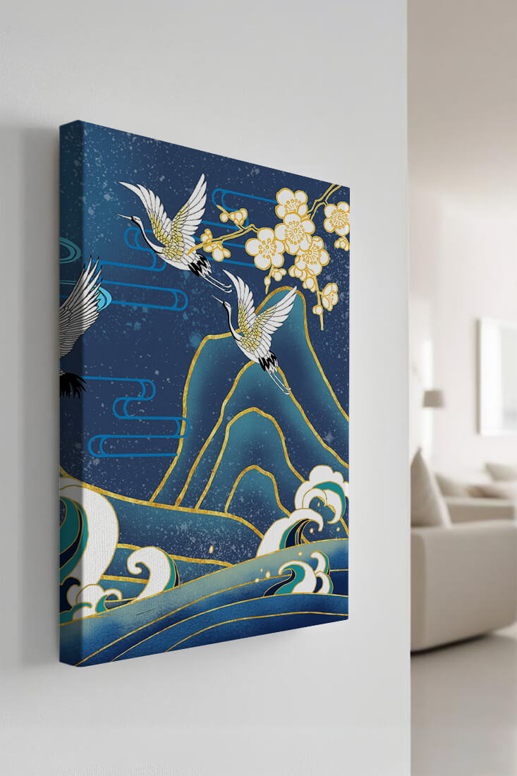 Elegant Cranes in Flight over Ocean Waves with Golden Accents and Blossoms