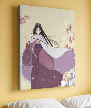 Elegant Woman in Traditional Garment with Snowflakes and Branches