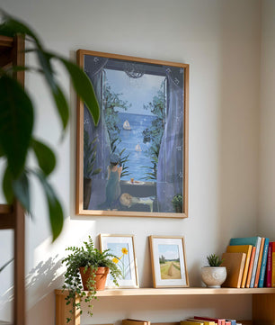 Serene seaside view from an open window with a sailboat and relaxing atmosphere