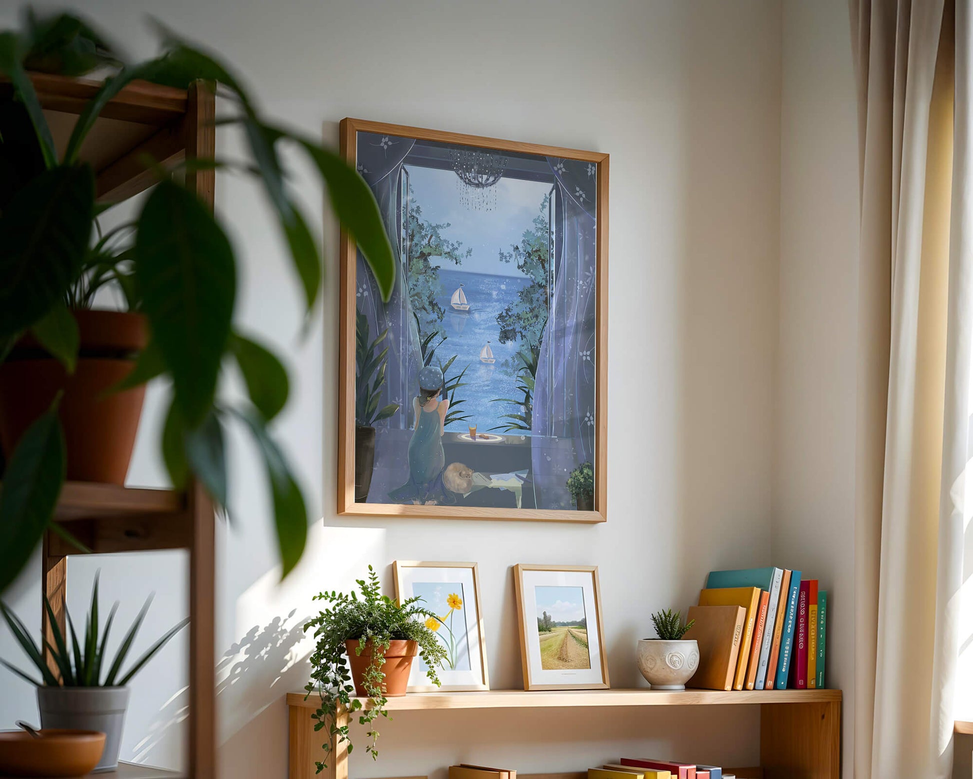 Serene seaside view from an open window with a sailboat and relaxing atmosphere