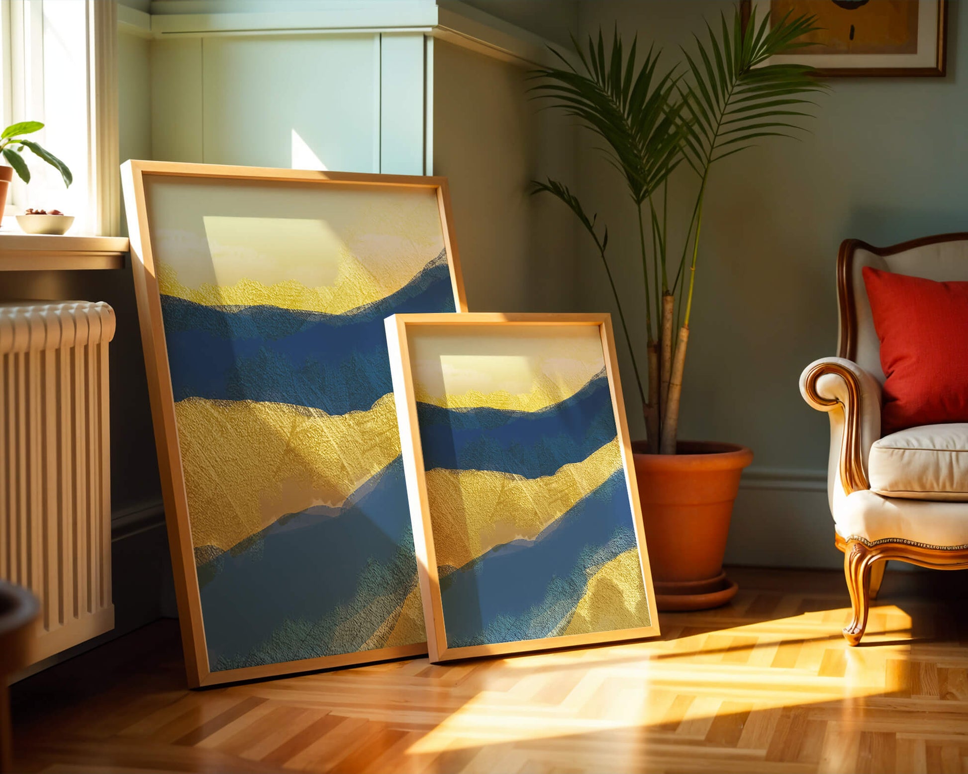 Abstract landscape with blue and yellow textured layers