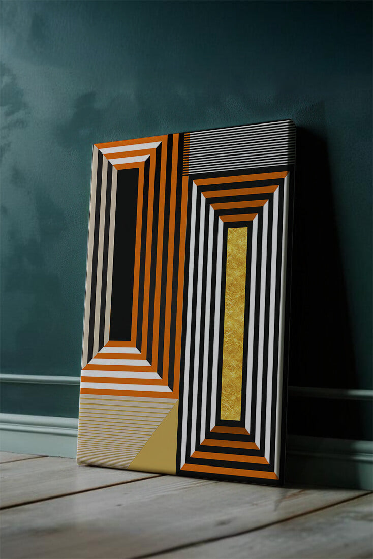 Geometric Abstract Art with Stripes and Gold Element in Orange, Black, and White