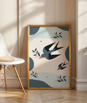 Ilustración abstracta de golondrinas con hojas y formas geométricas