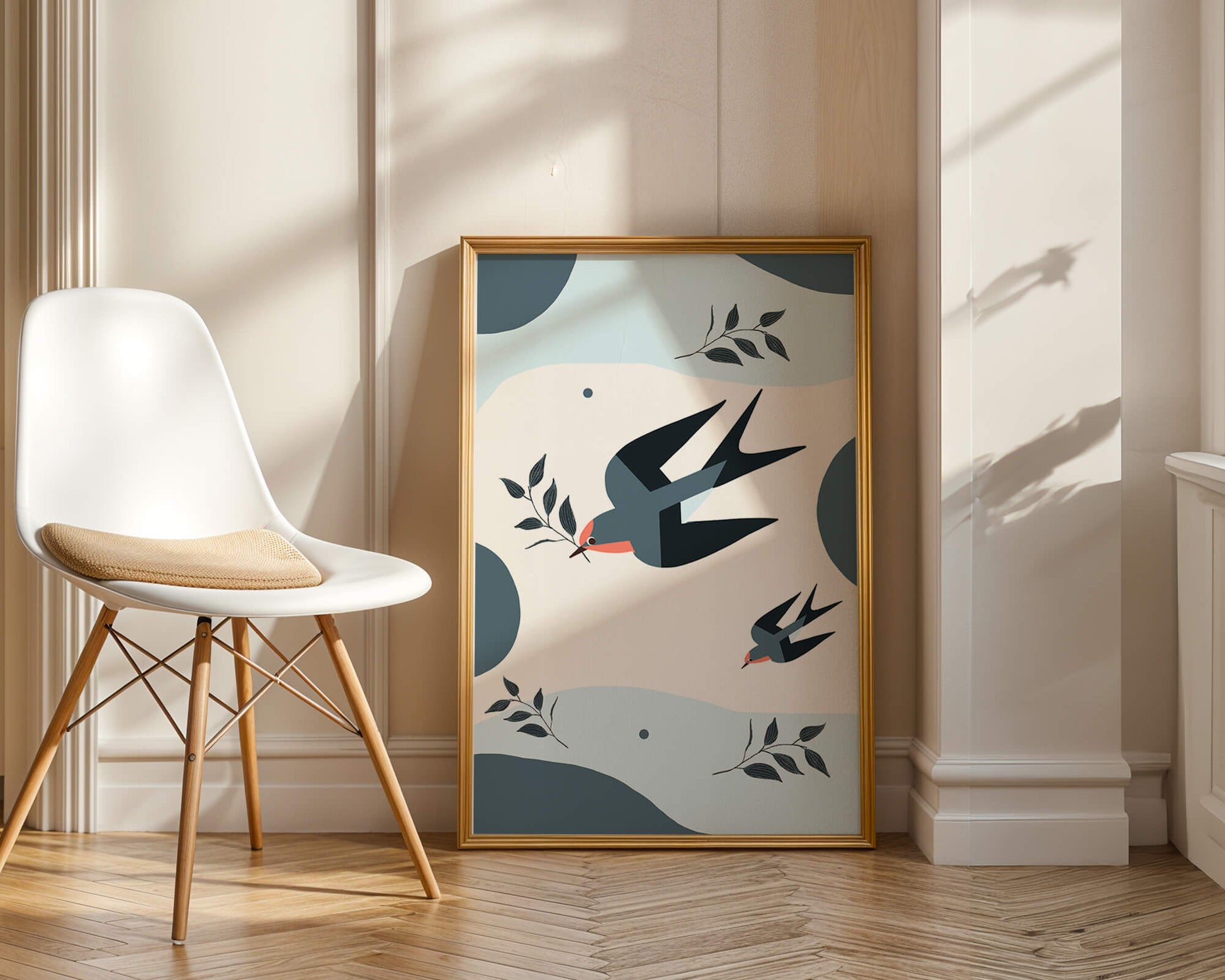 Ilustración abstracta de golondrinas con hojas y formas geométricas
