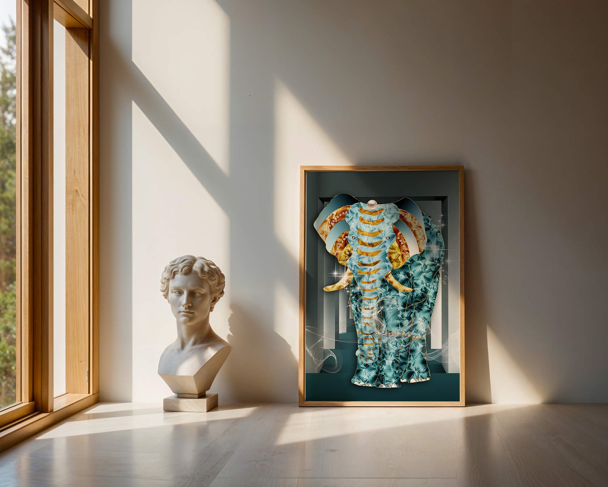 Elephant with Gold and Blue Textures in Surreal Geometric Background