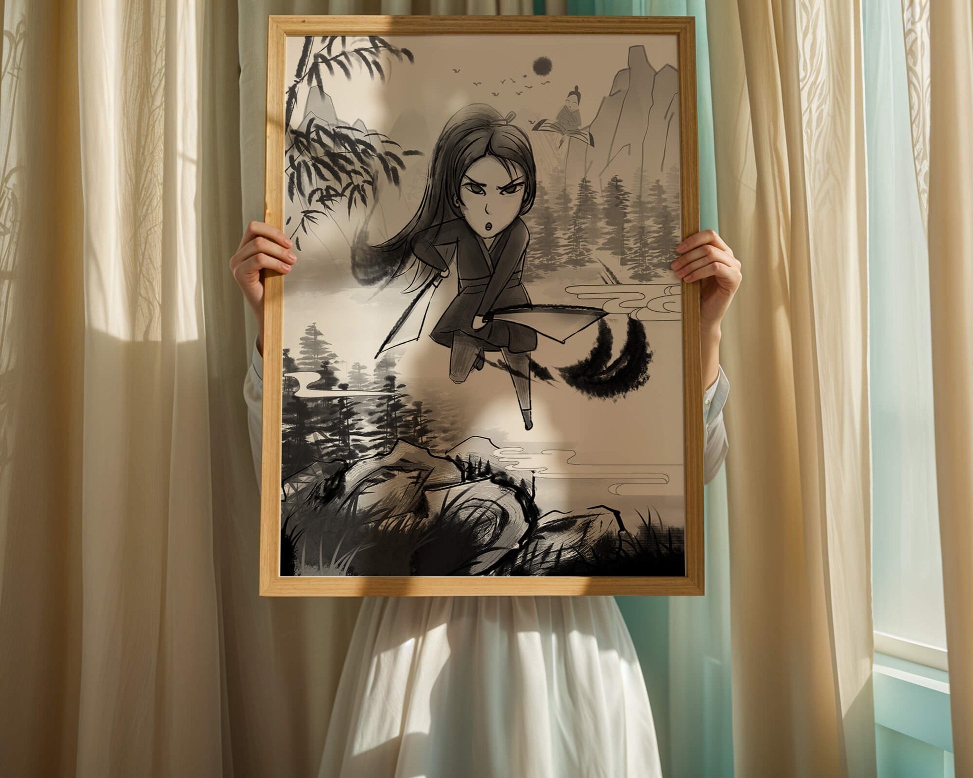 Warrior In A Mystical Landscape With Mountains And Rivers