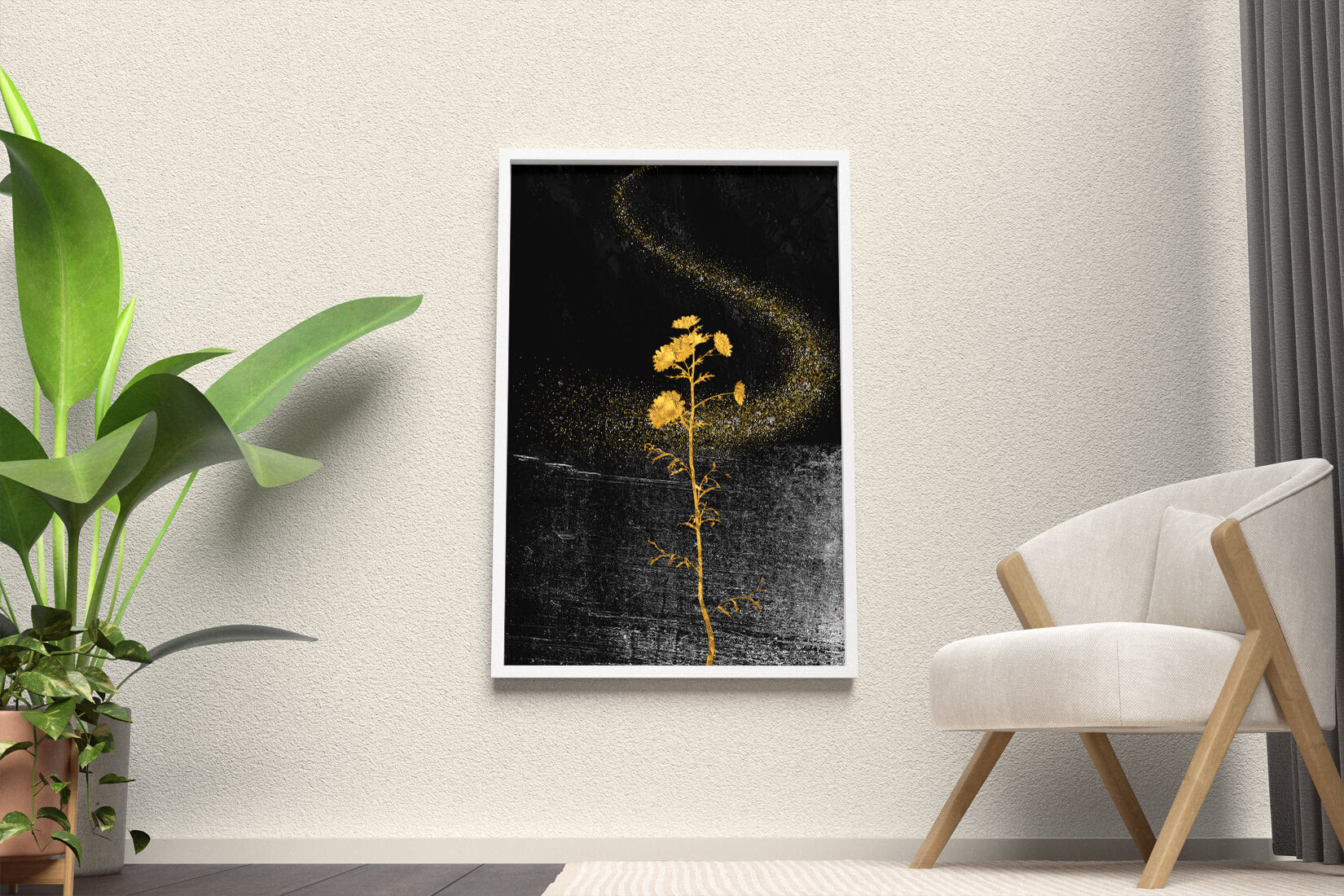 Golden Flowers on Black Background with Sparkling Dust