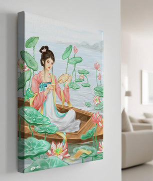 Femme élégante en tenue traditionnelle assise dans une barque parmi des fleurs de lotus