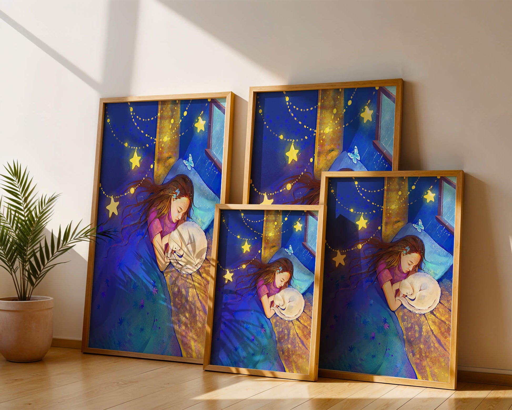Girl sleeping with cat under starry night sky