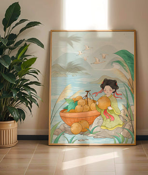 Paisaje sereno con una chica y una cesta de naranjas junto al agua