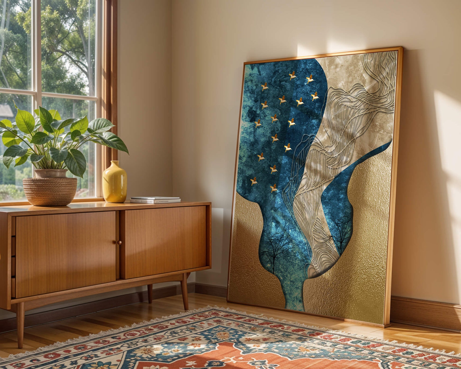 Abstract Textured Landscape with Gold and Blue Elements