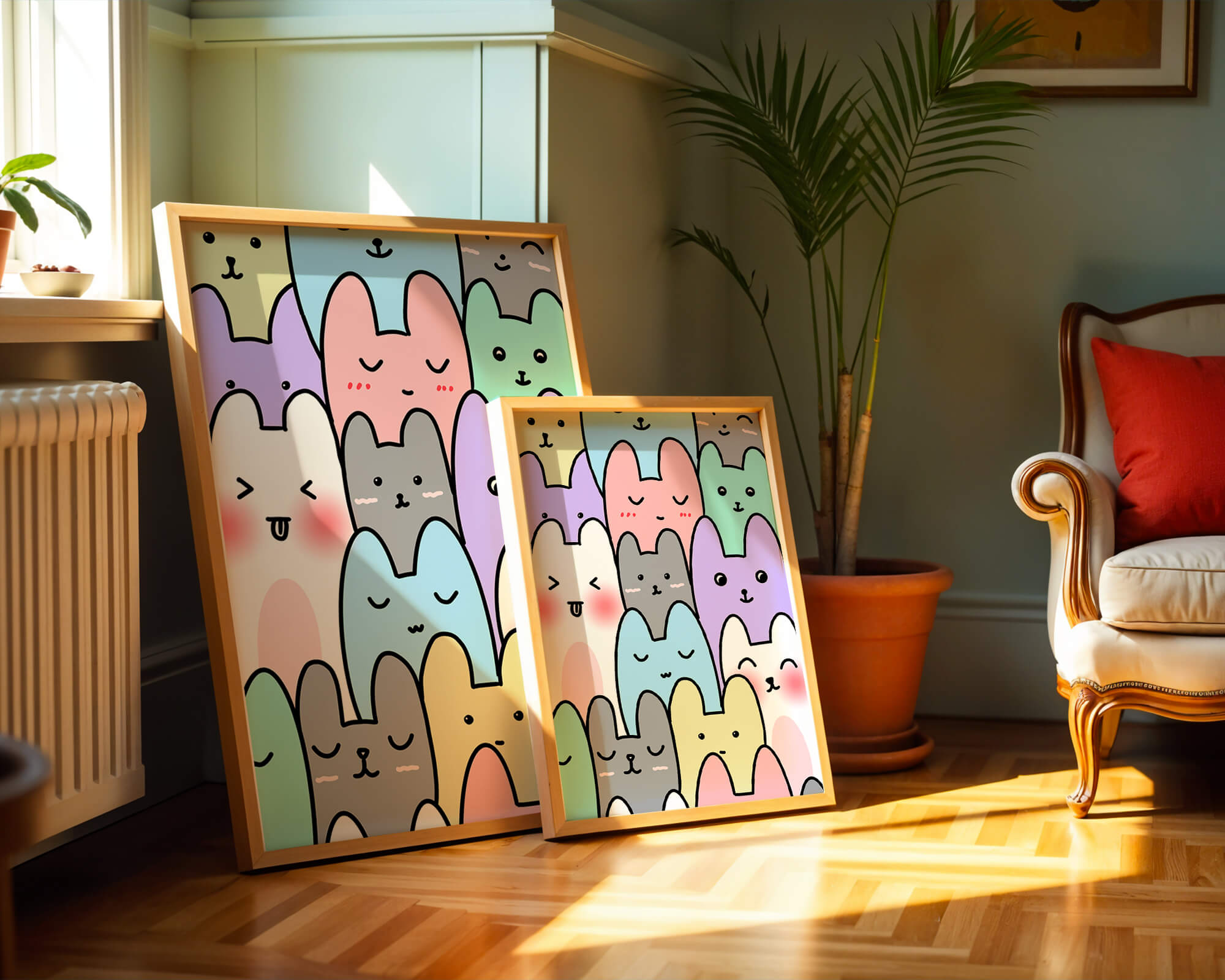 Colorful cartoon animal pattern with smiling faces