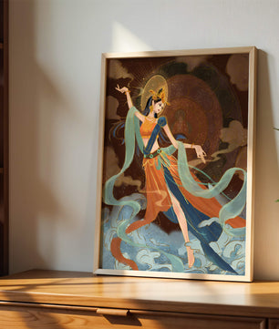 Elegant depiction of an ethereal dancer in vibrant traditional attire