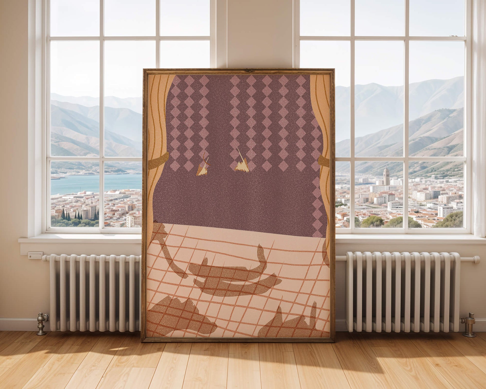 Abstract Interior with Cats' Shadows on Checkered Floor