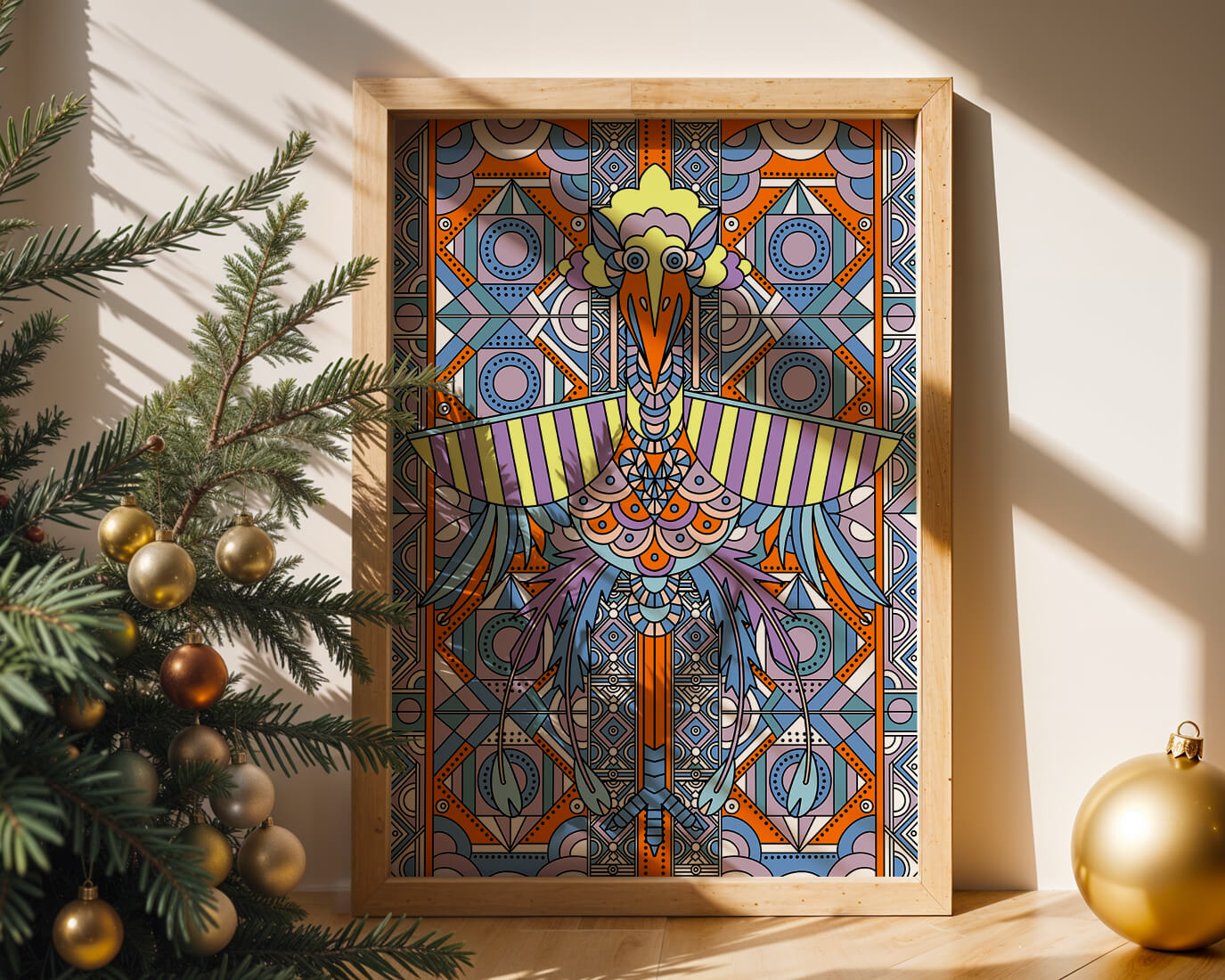 Arte geométrico de aves con patrones coloridos y detalles intrincados