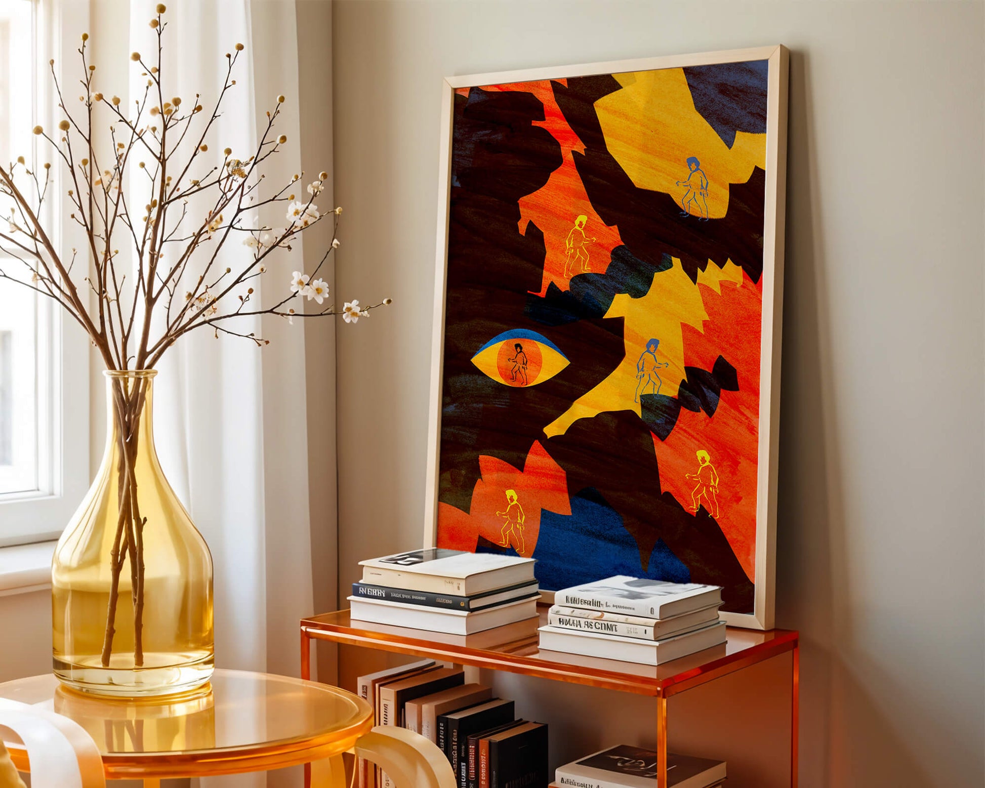 Abstract colorful artwork with eye and silhouettes