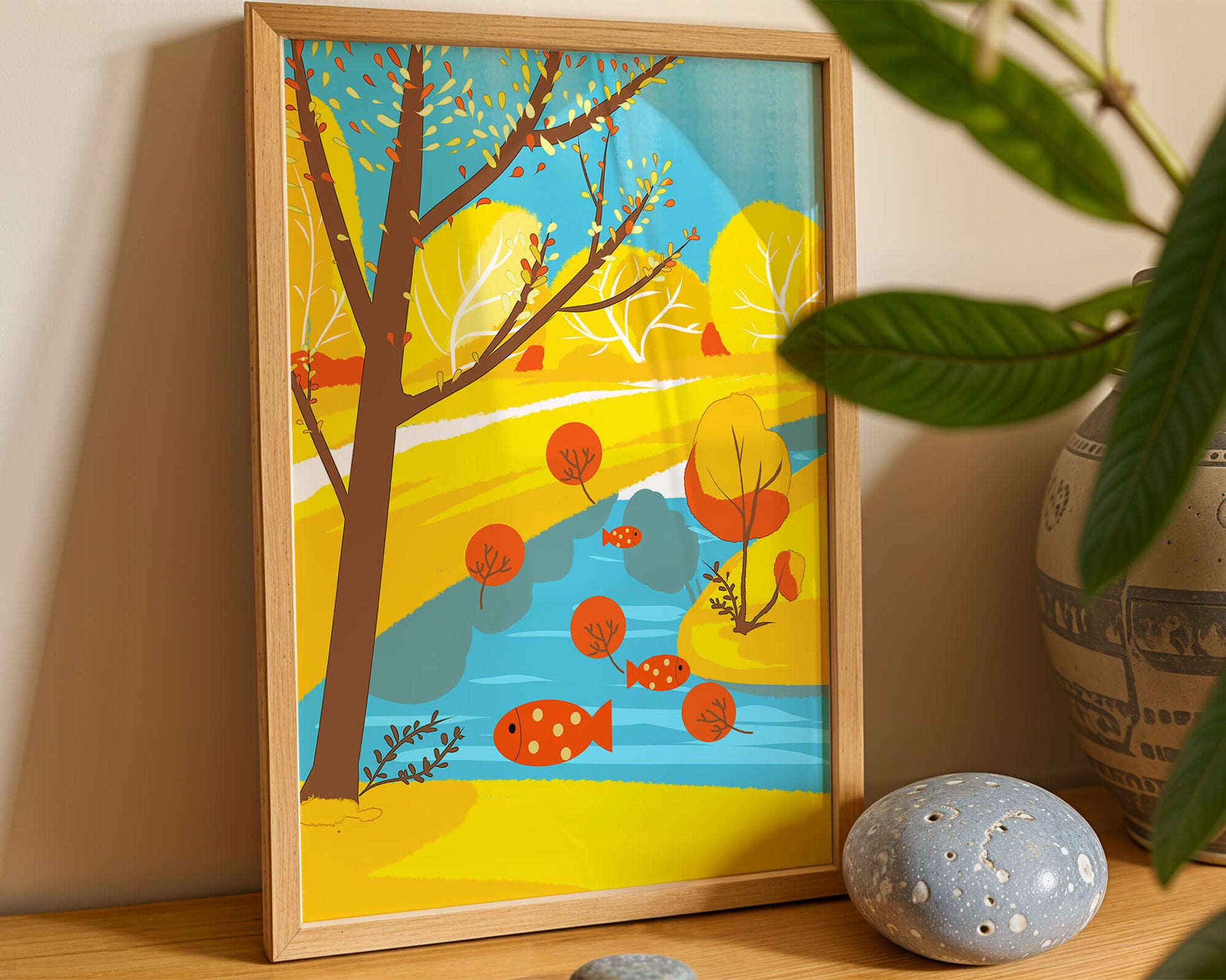 Paysage d'automne coloré avec rivière et arbres vibrants