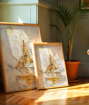 Elegant sailboat with gold elements against a textured sky