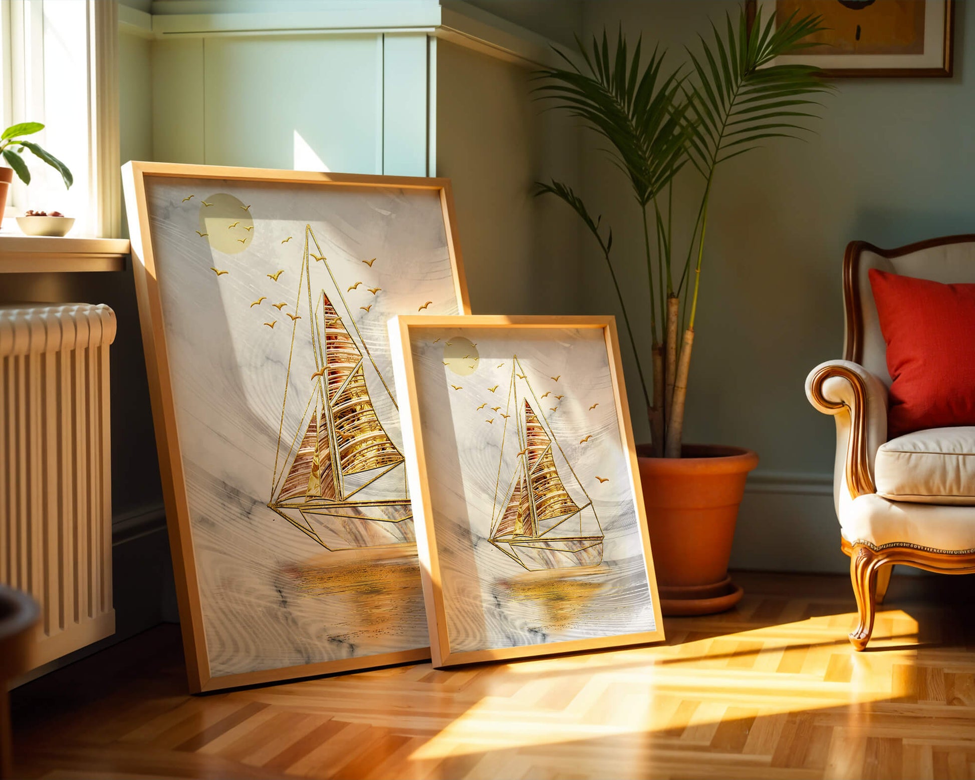 Elegant sailboat with gold elements against a textured sky