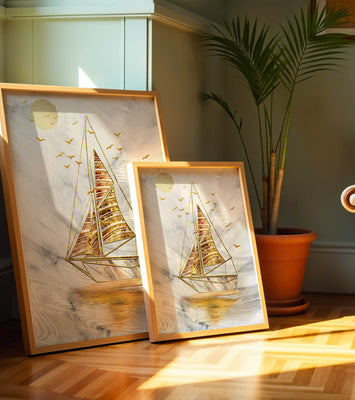 Elegant sailboat with gold elements against a textured sky