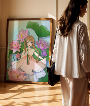 Illustration fantaisiste d'une jeune fille aux cheveux tressés parmi des fleurs de lotus