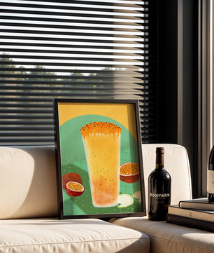 Illustrated tropical passion fruit drink with fresh slices