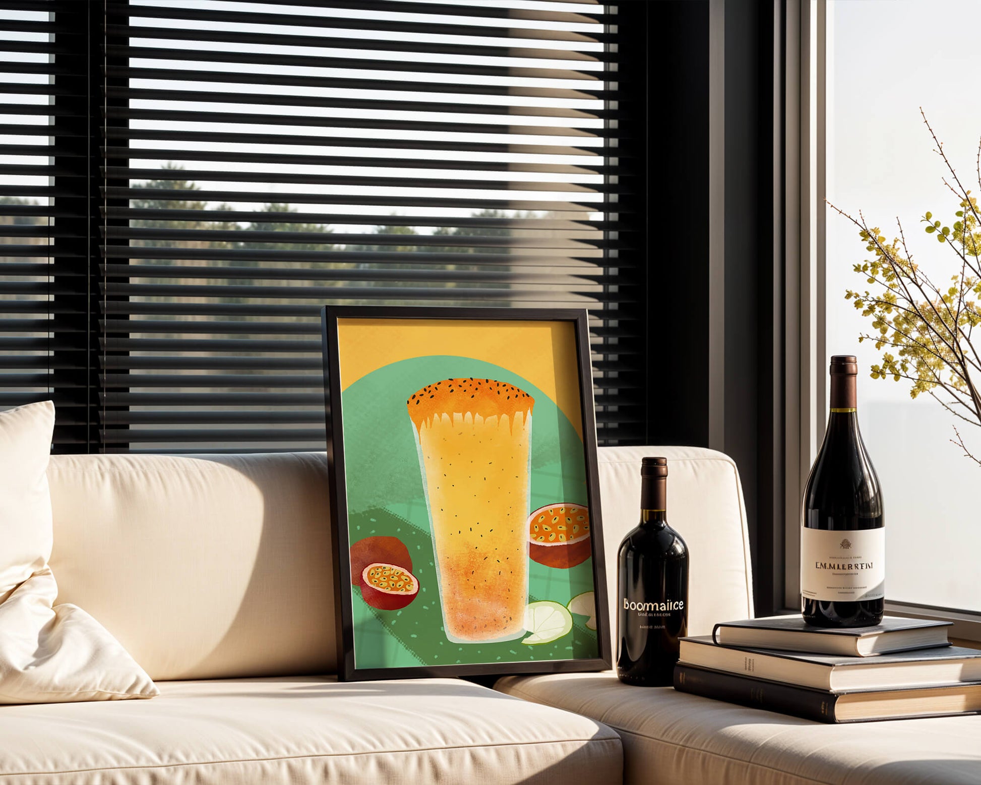 Illustrated tropical passion fruit drink with fresh slices