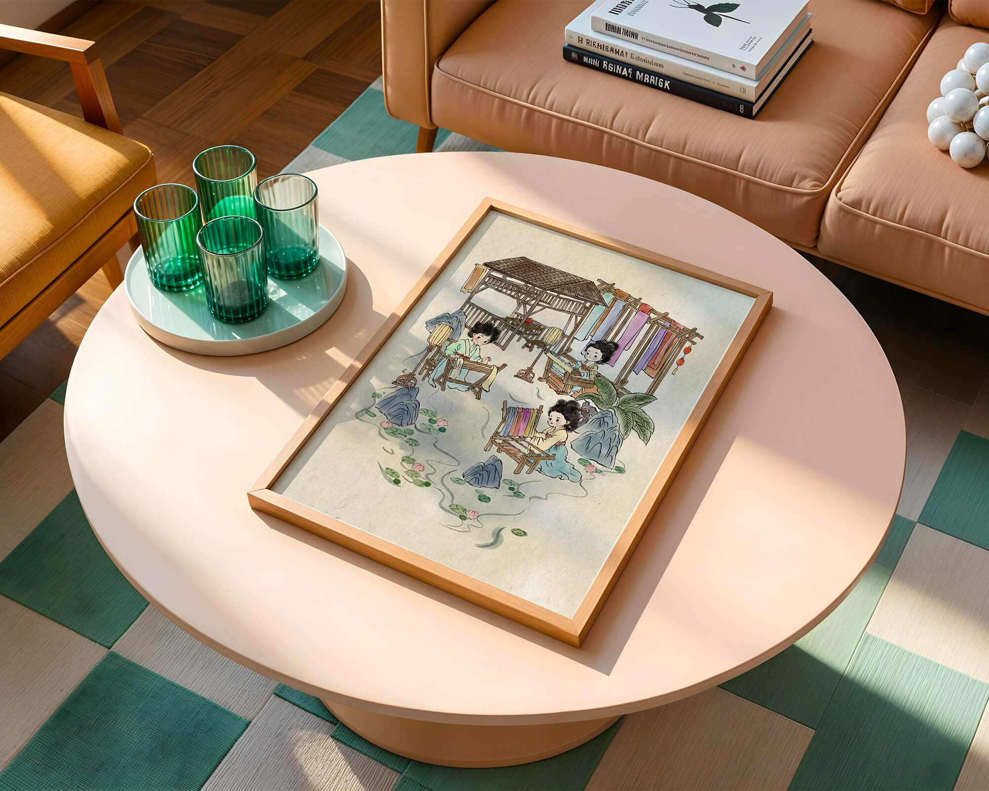 Charming illustration of traditional textile crafts in a serene setting