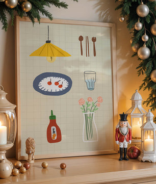 Artículos de cocina ilustrados que incluyen lámpara, utensilios y flores