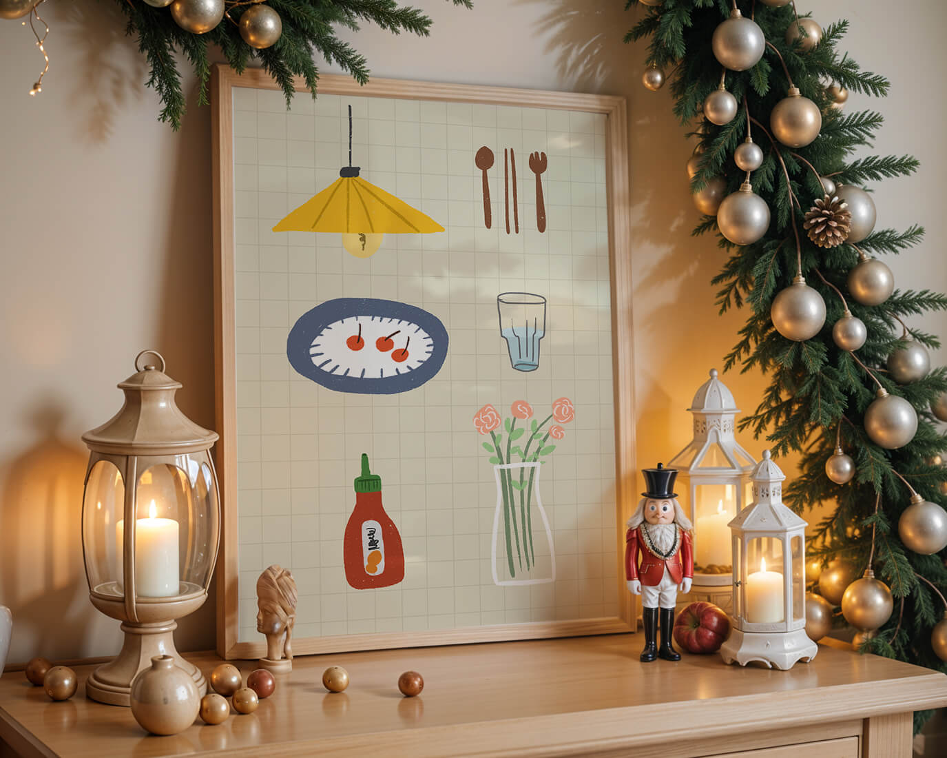 Artículos de cocina ilustrados que incluyen lámpara, utensilios y flores