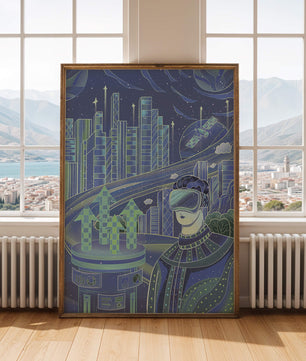 Futuristisches Stadtbild mit Virtual Reality und Technologieelementen