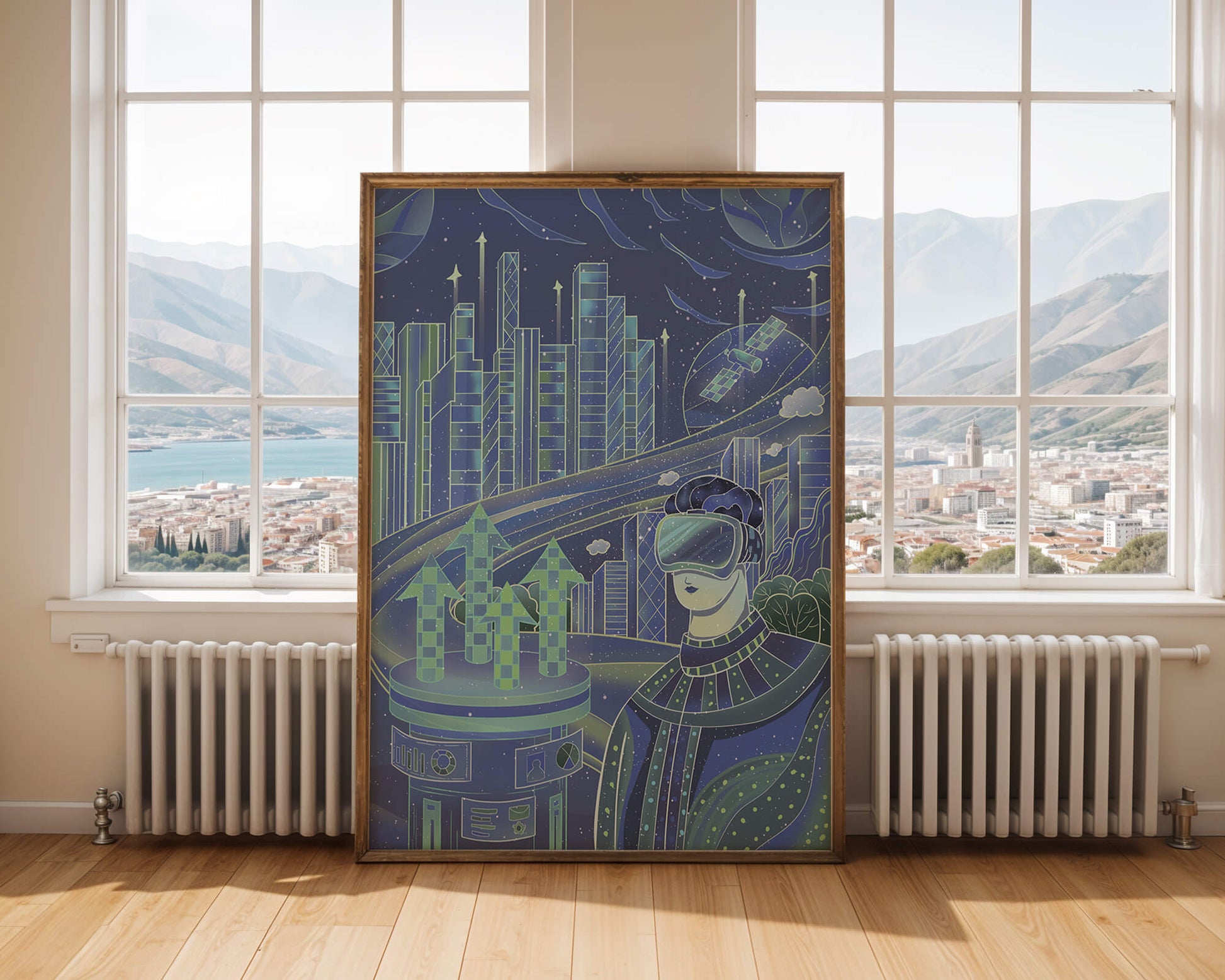 Futuristisches Stadtbild mit Virtual Reality und Technologieelementen