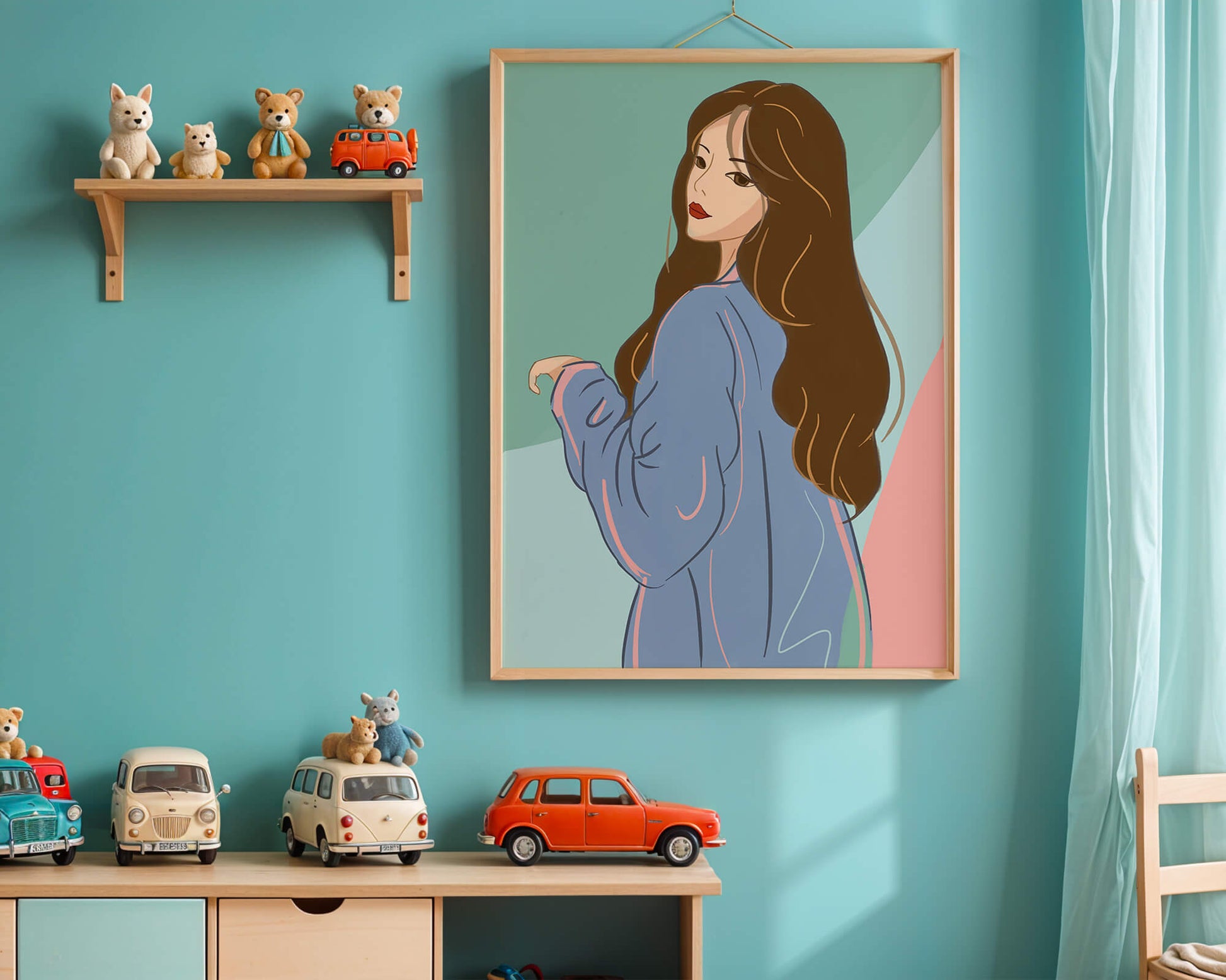 Stylish woman illustration with long hair in pastel shades