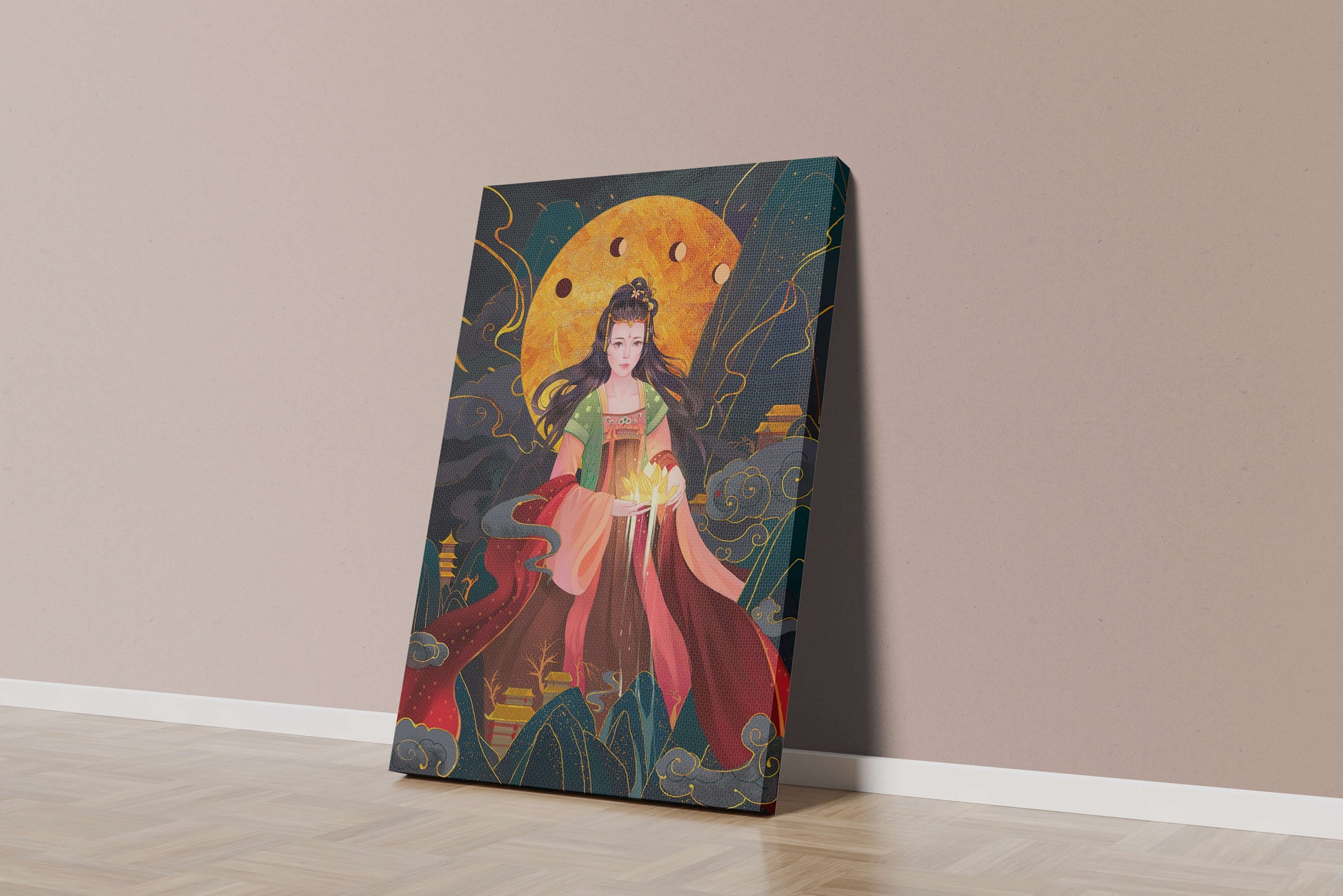 Elegante representación de una figura mítica con un fondo celestial dorado.