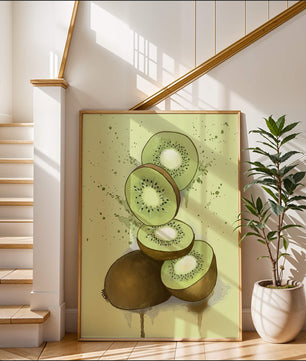 Watercolor illustration of sliced kiwi fruit with splashes