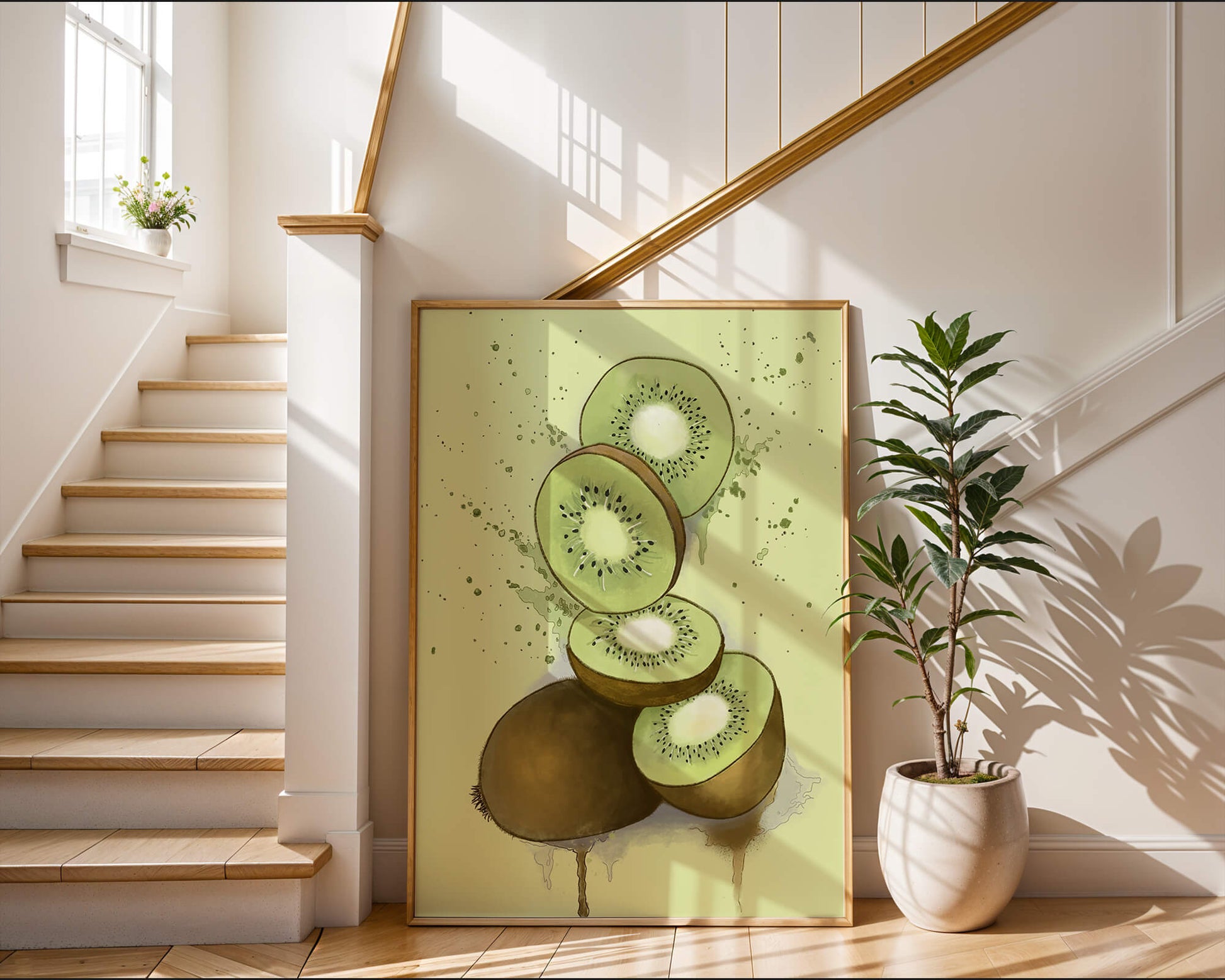Watercolor illustration of sliced kiwi fruit with splashes