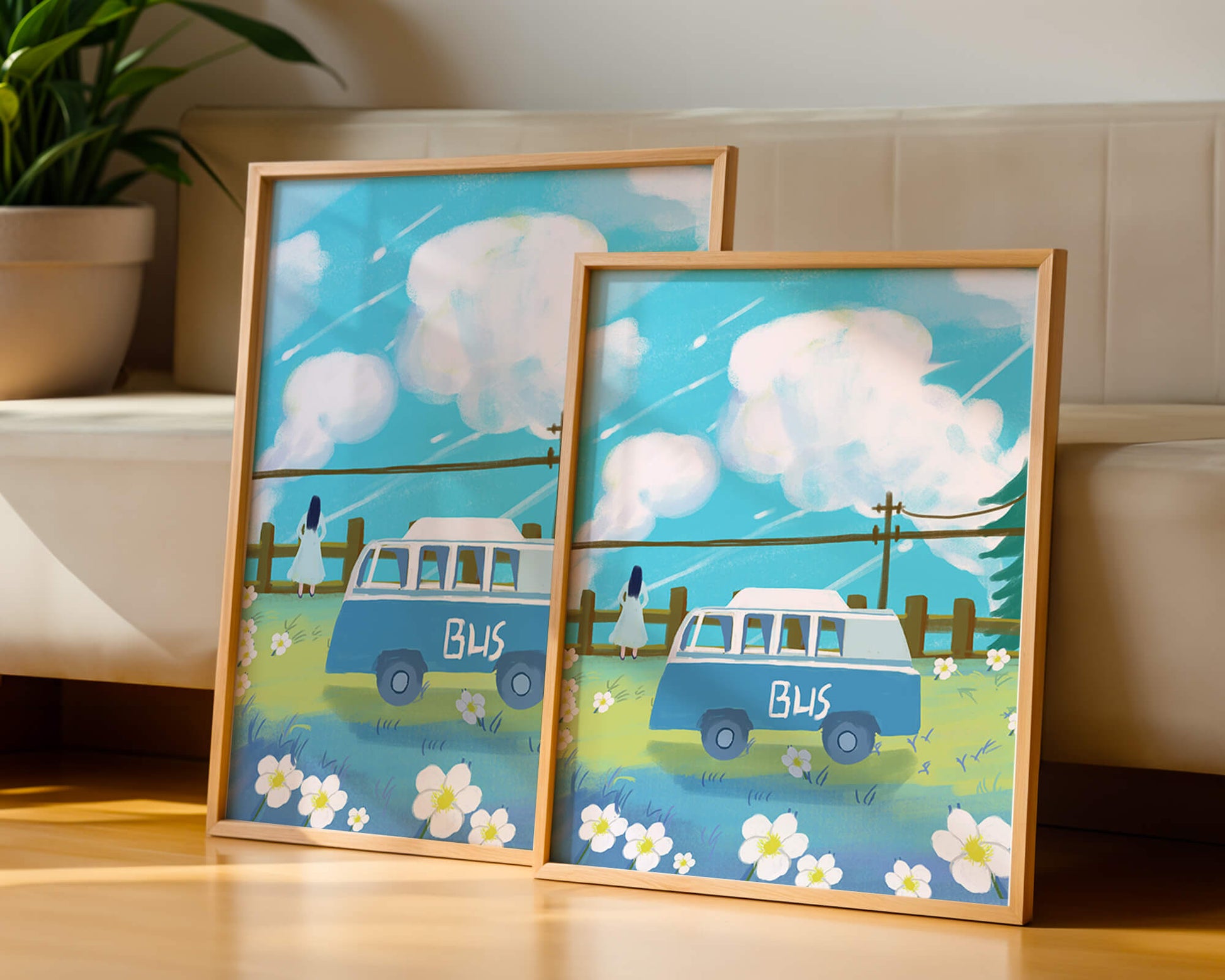 Ilustración escénica con autobús azul y prado en flor