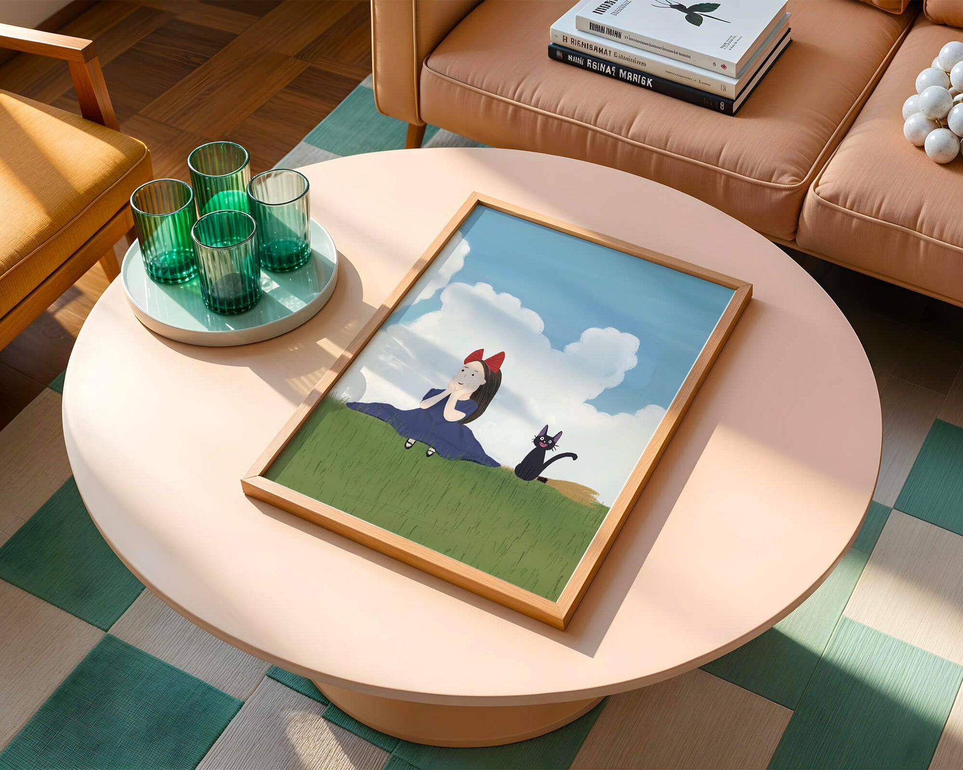 Girl with Red Bow and Cat in Lush Green Meadow