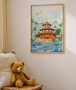 Alter chinesischer Pavillon am Wasser mit Kranichen und Bergen
