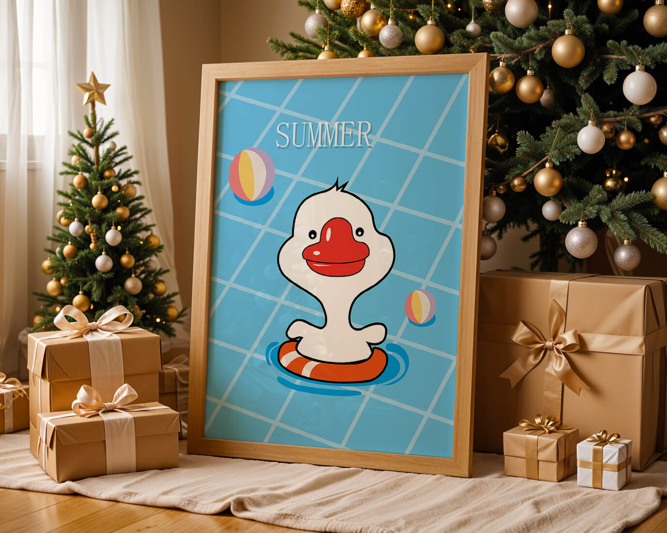 Cartoon duck swimming in a pool with summer beach elements