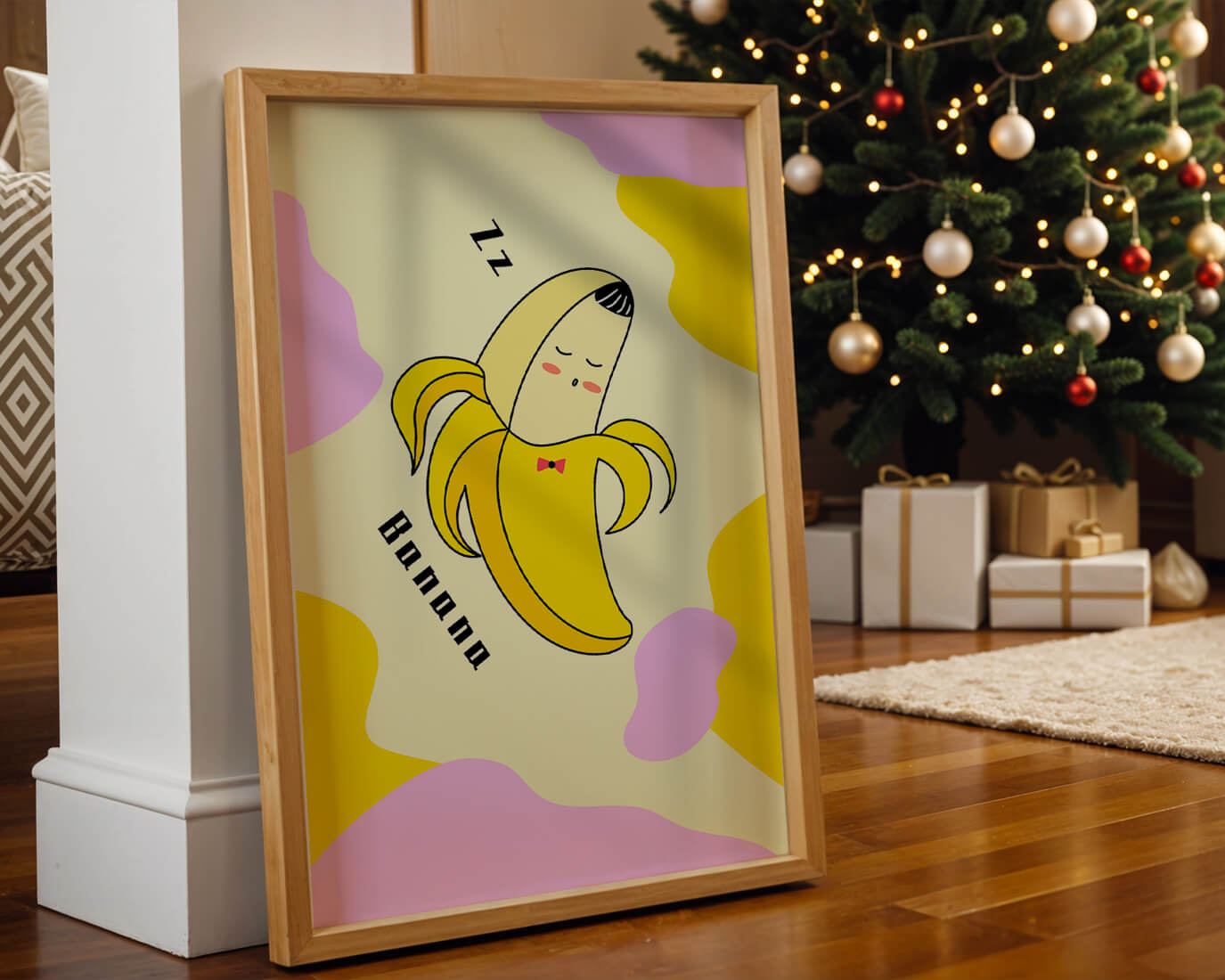 Playful illustration of a sleeping banana with colorful abstract background