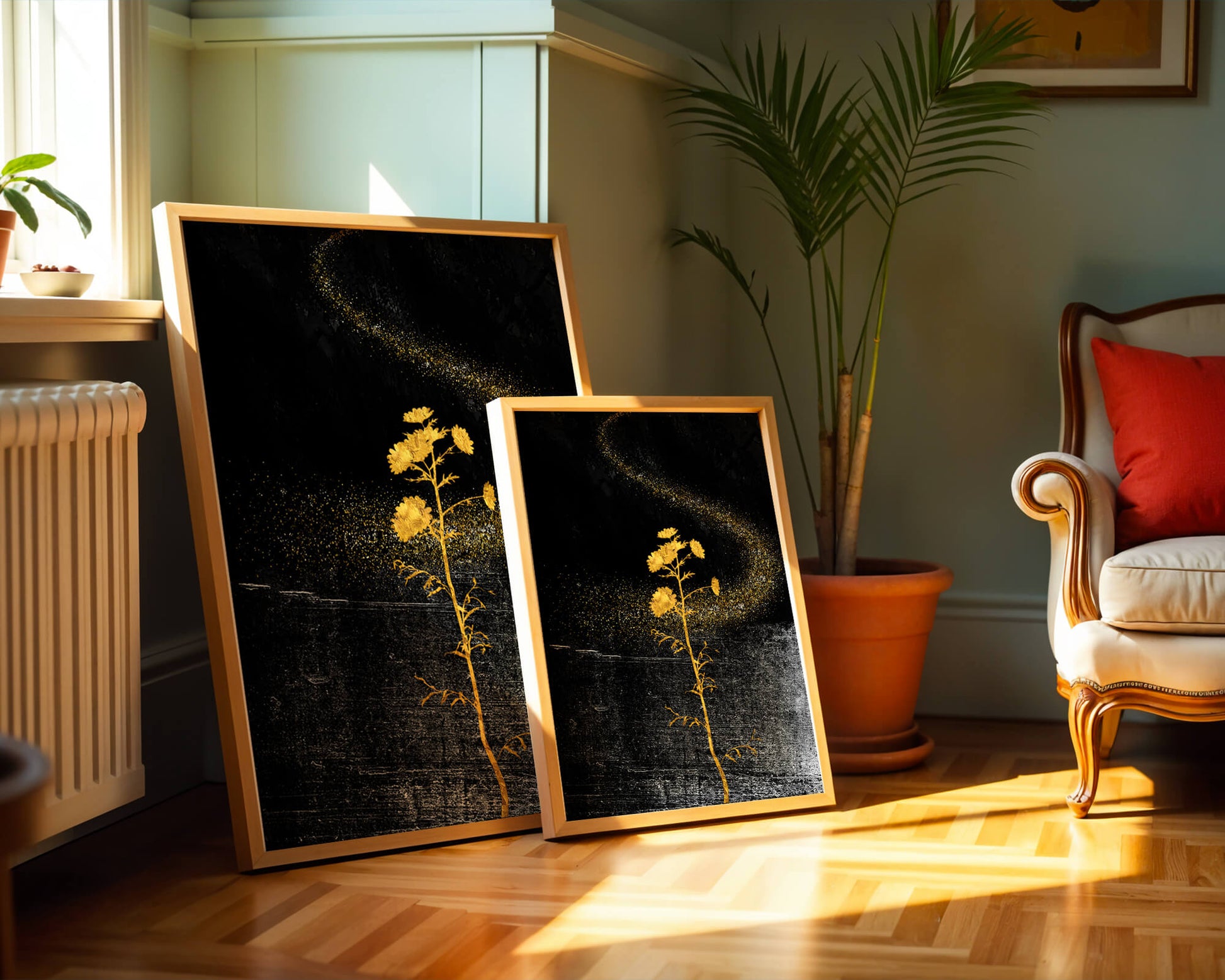 Golden Flowers on Black Background with Sparkling Dust