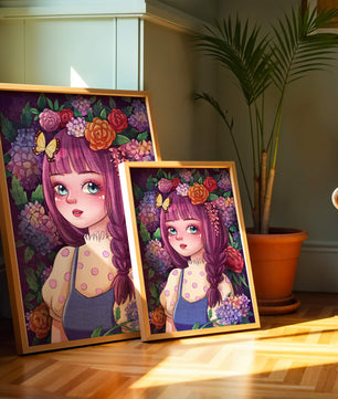 Illustration of a girl with floral crown surrounded by vibrant flowers